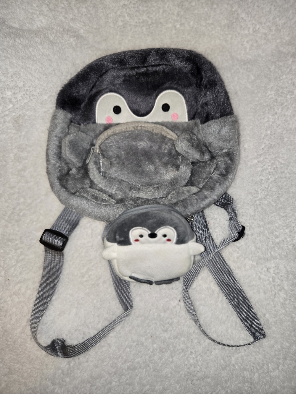 Plush Penguin Grey Backpack with Matching Coin Pouch